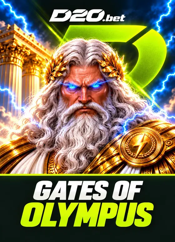 Gates of Olympus, arte D20 de Zeus con rayos y detalles verde lima