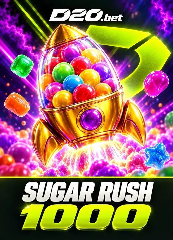 Sugar Rush 1000, arte D20 con dulces y luz verde lima