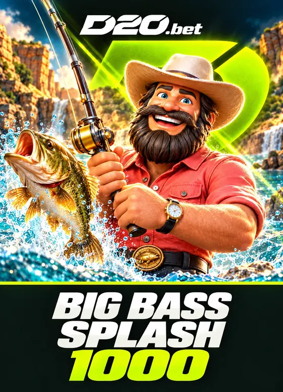 Big Bass Splash 1000, arte D20 de un pez saltando del agua