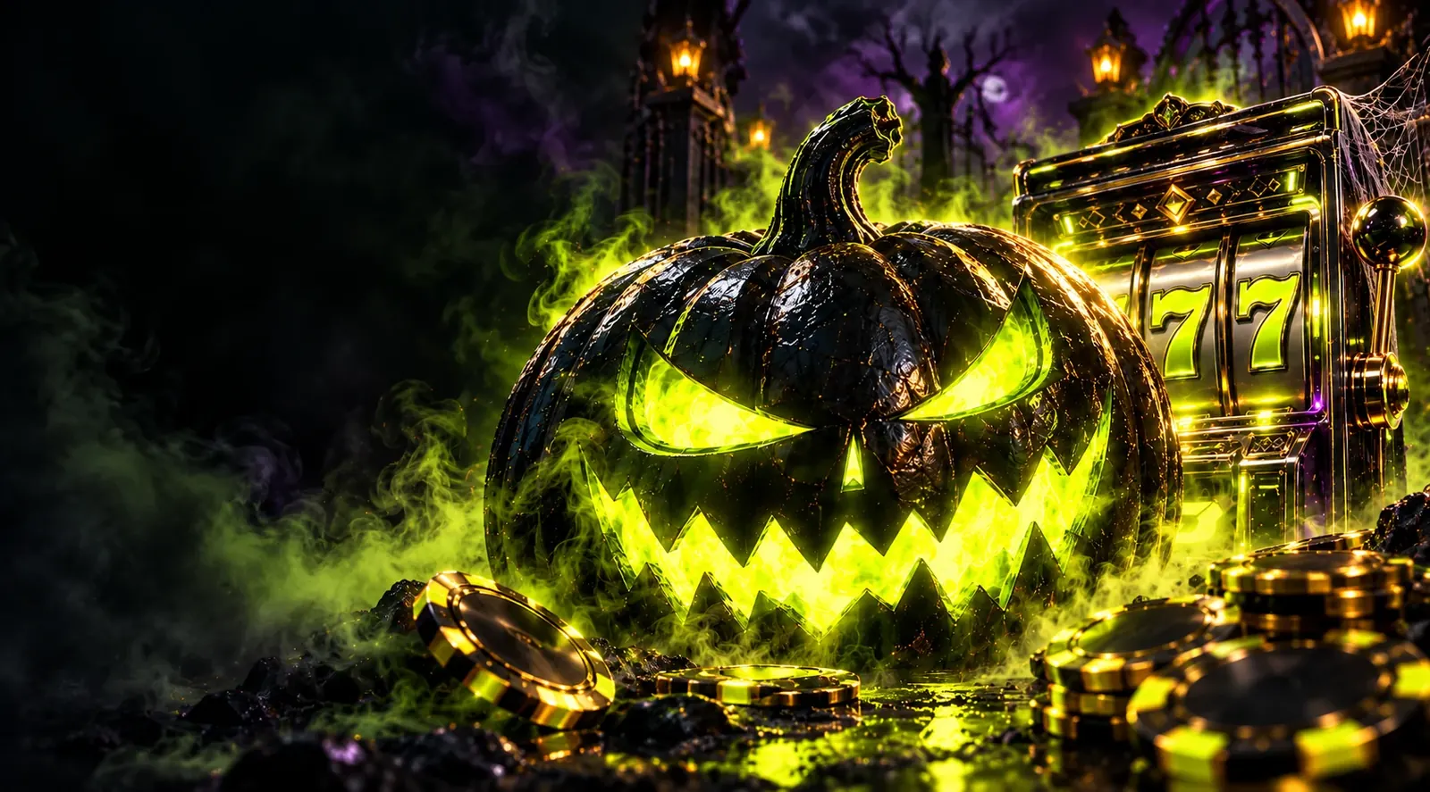 Calabaza oscura de Halloween con ojos verde lima y una máquina de casino negra y dorada